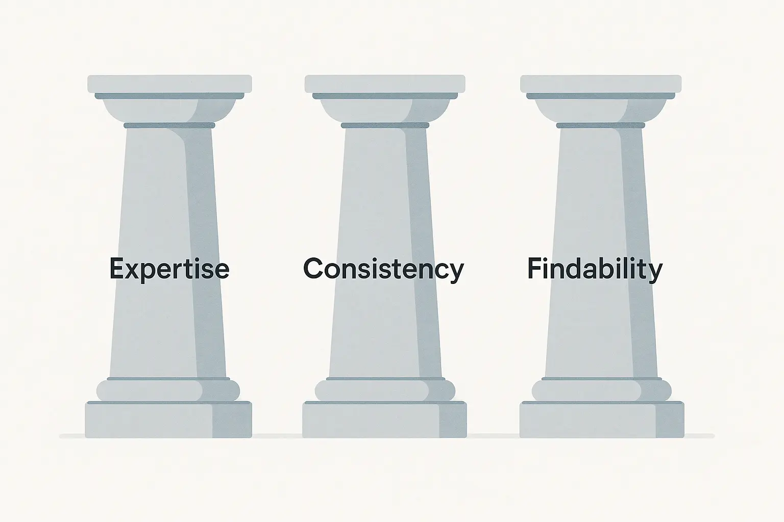 Minimalist illustration of three stone pillars labeled Expertise, Consistency, and Findability, symbolizing the foundational elements of strategic content for business growth.