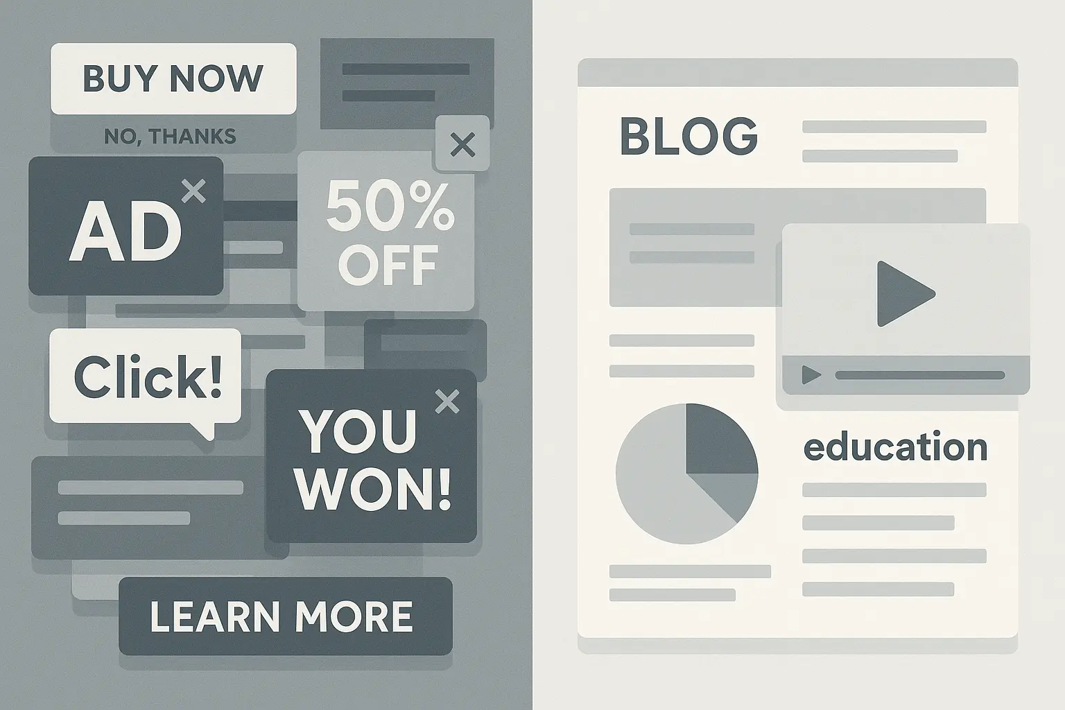 Split-screen collage showing chaotic digital ads on the left and clean, value-driven content like blogs and infographics on the right—visually contrasting noise with strategic clarity.